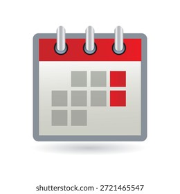 Icono de calendario con tapa enlazada en anillo, encabezado de acento rojo y bloques de fecha de cuadrícula para la programación