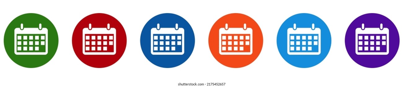 Calendar icon round button. Icons of different colors on a white background. Vector graphics eps10
