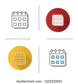Calendar icon. Schedule. Flat design, linear and color styles. Isolated vector illustrations