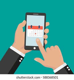 Calendar icon, schedule, planning app on smartphone screen. Hand holds smartphone, finger touches screen. Modern concept for web banner, web site, infographic. Creative flat design vector