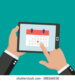 Calendar icon, schedule, planning app on tablet screen. Hand holds smartphone, finger touches screen. Modern concept for web banner, web site, infographic. Creative flat design vector