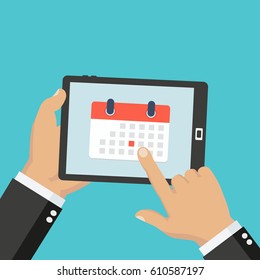 Calendar icon, schedule, planning app on smartphone screen. Hand holds tablet, finger touches screen. Modern concept for web banner, web site, infographic. Creative flat design vector illustration 
