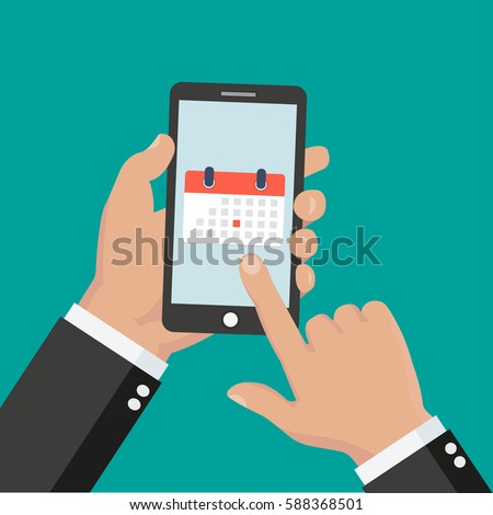 Calendar icon, schedule, planning app on smartphone screen. Hand holds smartphone, finger touches screen. Modern concept for web banner, web site, infographic. Creative flat design vector