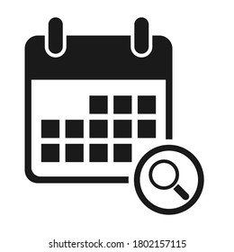 Calendar icon search, date event symbol isolated on white background. Vector web button