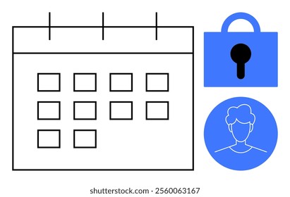 A calendar icon with a security lock and a user profile. Ideal for scheduling, privacy, personal management, secure access and organization in a sleek style suitable for digital use