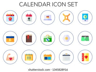 calendar icon set. 15 flat calendar icons.  Collection Of - event, agenda, gemini, day, swimsuit, exercise