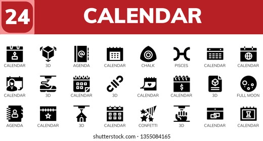 calendar icon set. 24 filled calendar icons.  Collection Of - Calendar, 3d, Agenda, Chalk, Pisces, Full moon, Confetti