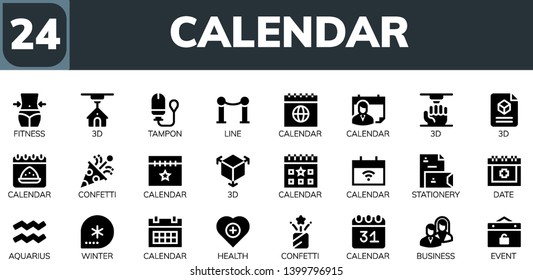 calendar icon set. 24 filled calendar icons.  Simple modern icons about  - Fitness, 3d, Tampon, Line, Calendar, Confetti, Stationery, Date, Aquarius, Winter, Health, Business