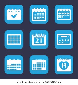 calendar icon. Set of 9 filled calendar icons such as calendar