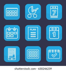 Calendar icon. set of 9 outline calendar icons such as baby stroller