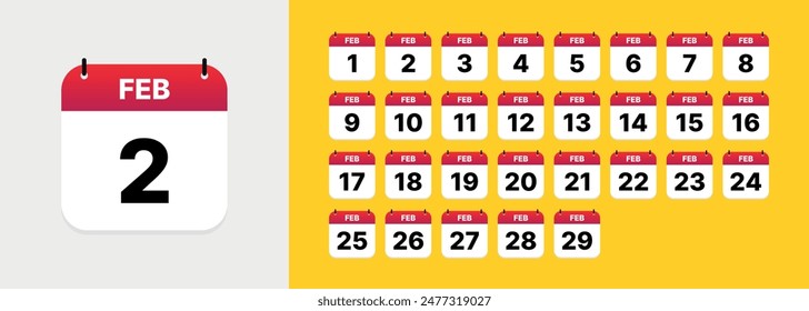 Calendar icon set, all days of February. Day 1 to 29. Vector