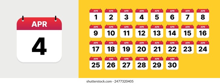 Conjunto de iconos de calendario, todos los días de abril. Día 1 a 30. Vector