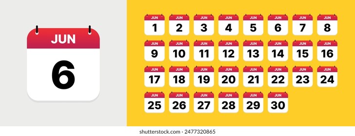 Calendar icon set, all days of June. Day 1 to 30. Vector
