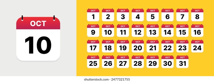 Calendar icon set, all days of October. Day 1 to 31. Vector