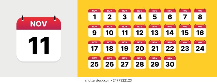 Conjunto de iconos de calendario, todos los días de noviembre. Día 1 a 30. Vector