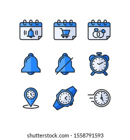 Calendar icon set = Bell, Shopping Cart, Wedding, Alarm, Silent, Pin Time, Wristwatch and Delivery Time