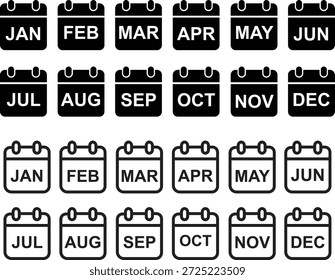Calendar icon set black flat and outline styles. Vectors month date symbols and minimal schedule planner for reminder, event management, business and time designs isolated on transparent background.