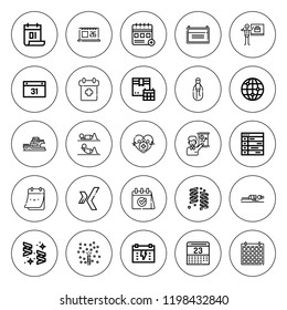 Calendar icon set. collection of 25 outline calendar icons with calendar, business, confetti, event, health, fitness, schedule, worlwide, xing icons. editable icons.