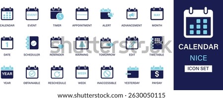 Calendar icon set collection. Event, timer, appointment, alert, advancement, month, date, scheduler, reminder, warning, tomorrow and best solid icon set.