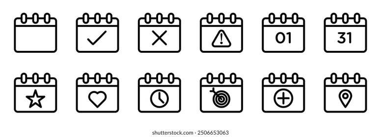 Calendar icon set. Collection of calendar planner icons featuring reminder organizer event signs. Includes calendar notification icons for business plan scheduling