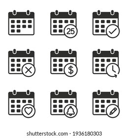 Calendar Icon Set, Collection Of Calendar Symbols Contain Payday, Time Management, Meeting Deadlines And More, Vector Illustration