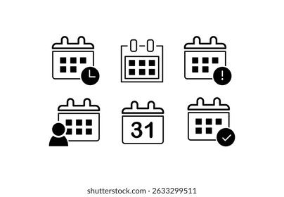 Calendar icon set collection. Set of calendar symbols, date, schedule, month, week, appointment, agenda, organization and event icons. Solid icon collection. Vector illustration