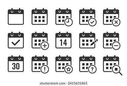 Calendar icon set. Containing date, schedule, month, week, appointment, agenda, organization, and event icons.