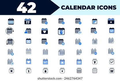 KalendersymbolSet. enthält Datum, Zeitplan, Termin, Organisation, Veranstaltung, Erinnerung, morgen, gestern und viele weitere Kalendersymbole, Kollektion von durchgezogenen Symbolen. Vektorillustration.