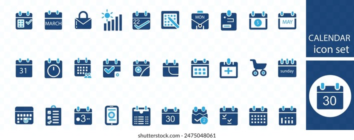 Calendar icon set. Containing date, schedule, month, week, appointment, agenda, organization and event icons