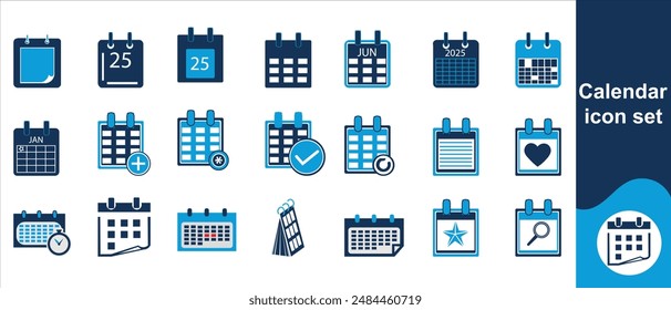 Kalendersymbol gesetzt. Enthält Datum, Zeitplan, Monat, Woche, Termin, Tagesordnung, Organisation und Veranstaltungssymbole. Kollektion des durchgehenden Symbols. Vektorillustration.