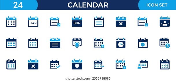 Calendar icon set. Containing date, schedule, month, week, appointment, agenda, organization and event icons. Solid icon collection. Vector illustration.
