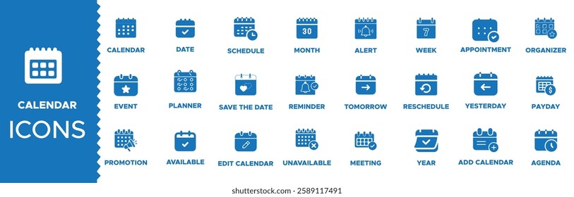 Calendar icon set. Containing date, schedule, month, week, appointment, agenda, organization and event icons. Solid icon collection. Vector illustration. Calendar icons set pr pack.