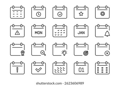 Calendar icon set. Containing date, schedule, month, week, appointment, agenda, organization and event icons. Solid icon collection. Vector illustration.