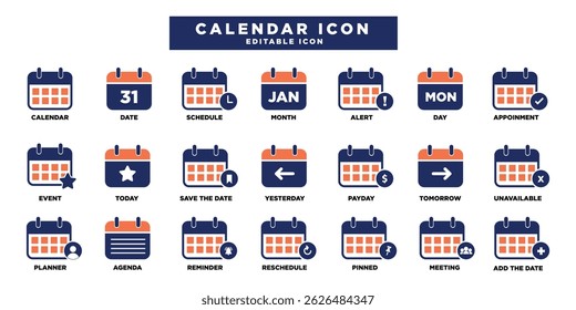 Calendar icon set. Containing date, schedule, month, week, appointment, agenda, organization and event icons. Solid icon collection.