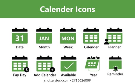 Kalendersymbolsatz. Enthält Symbole für Datum, Zeitplan, Monat, Woche, Termin, Tagesordnung, Organisation und Veranstaltung. Solide Symbolsammlung. Vektorgrafik Kalender, Agenda, Plan editierbar 