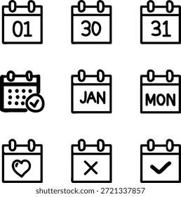 Conjunto de iconos de calendario. Contiene fecha, horario, mes, semana, día, cita, agenda, organización, evento, hora, planificación, reloj y más. Iconos de línea editables. Ilustración vectorial.