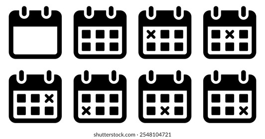 Conjunto de iconos de calendario. Icono de calendario con una cruz, que representa una fecha, programa, cita, agenda o tarea sin terminar y cancelada.