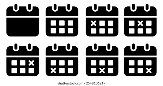 Conjunto de iconos de calendario. Icono de calendario con una cruz, que representa una fecha, programa, cita, agenda o tarea sin terminar y cancelada. Vector sólido simple