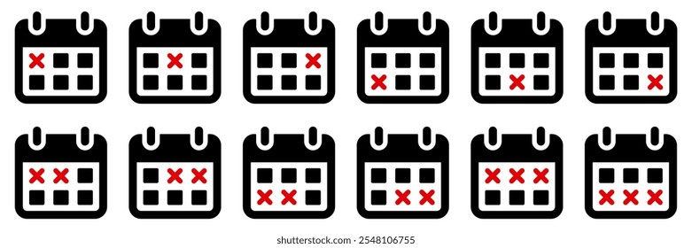 Calendar icon set. Calendar icon with a cross, representing an unfinished and canceled date, schedule, appointment, agenda, or task.