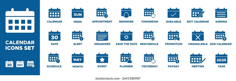 Calendar icon set. date, schedule, month, alert, week, appointment, organizer, event, planner, save the date, reminder, tomorrow, reschedule, year icons. Solid icon collection. Vector illustration.