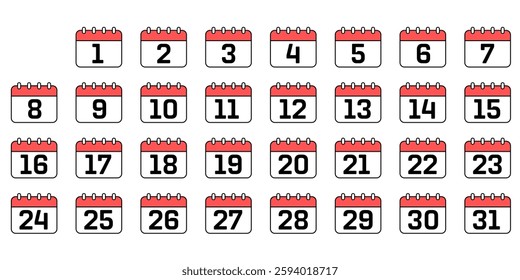 Calendar icon set with dates from 1 to 31. Schedule Planner symbol flat simple infographics design template. vector illustration.