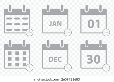 Calendar Icon Set with Dates, Months, and Task Status Symbols – EPS Vector. on Transparent Background.
