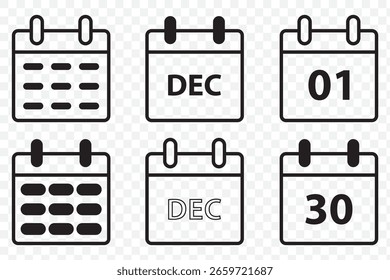 Conjunto de íconos de calendario con fechas, meses y símbolos de Estado de tareas: Vector EPS. en fondo transparente.