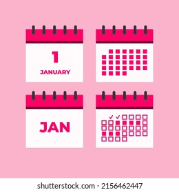 Calendar Icon Set with Day Month Reminder and Agenda with Pink Red Color