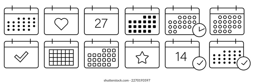 Conjunto de iconos de calendario. El diseño se puede usar para aplicaciones web y móviles. Ilustración del vector