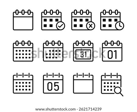 Calendar icon set. Calendar icon with different date from 1 and 31 day. Meeting deadlines. calendar planner icons for app, website, UI. reminder organizer event signs. vector symbol.