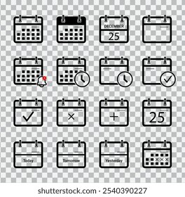 Calendar icon set of different designs. Time, date and address concept editable stroke outline icons set isolated on white background flat vector illustration.