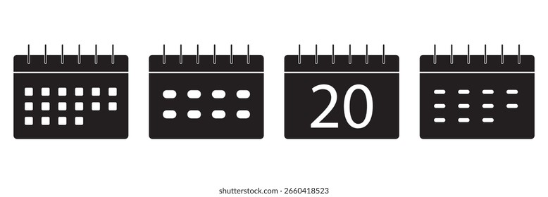 Ícone de calendário definido com estilos diferentes. Ícones de vetor coloridos Variedade projetada em preenchido, contorno, plano, glifo e linha de cor. Estilo de traçado editável pode ser usado para web, móvel, Ui e muito mais. Eps 10