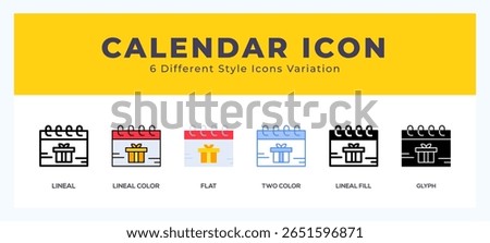 Calendar icon set with different styles. Icons designed in filled. outline. flat. glyph and line colored.