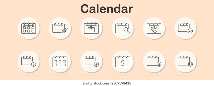 Calendar icon set. Different symbols including marked dates, reminders, and events for scheduling, planning, and time management design themes